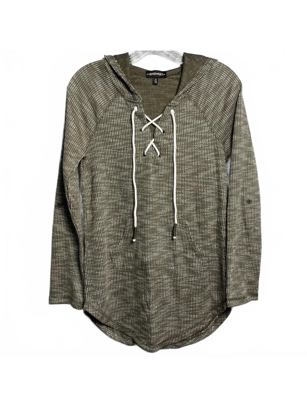 Women's Olive Green Thermal Knit Hooded Pullover w/ Lace-Up Detail Size S
